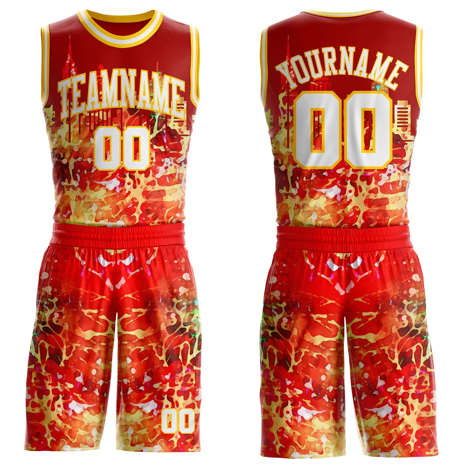 Custom Red White-Yellow Atlanta Silhouette Splatter Round Neck Sublimation Basketball Uniform Jersey - Main View