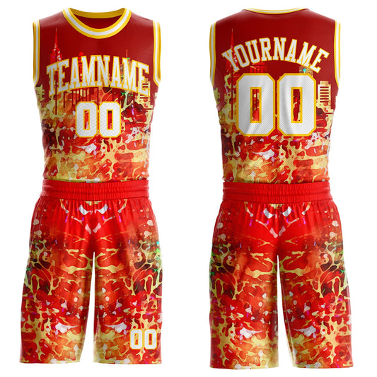 Custom Red White-Yellow Atlanta Silhouette Splatter Round Neck Sublimation Basketball Uniform Jersey - Main View