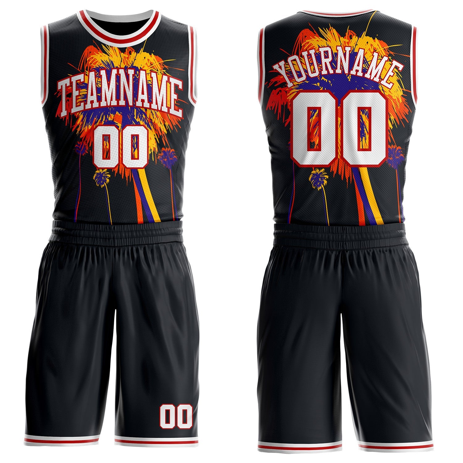 Custom Black White-Red Miami Beach Tropical Palm Tree Round Neck Sublimation Basketball Uniform Jersey - Main View