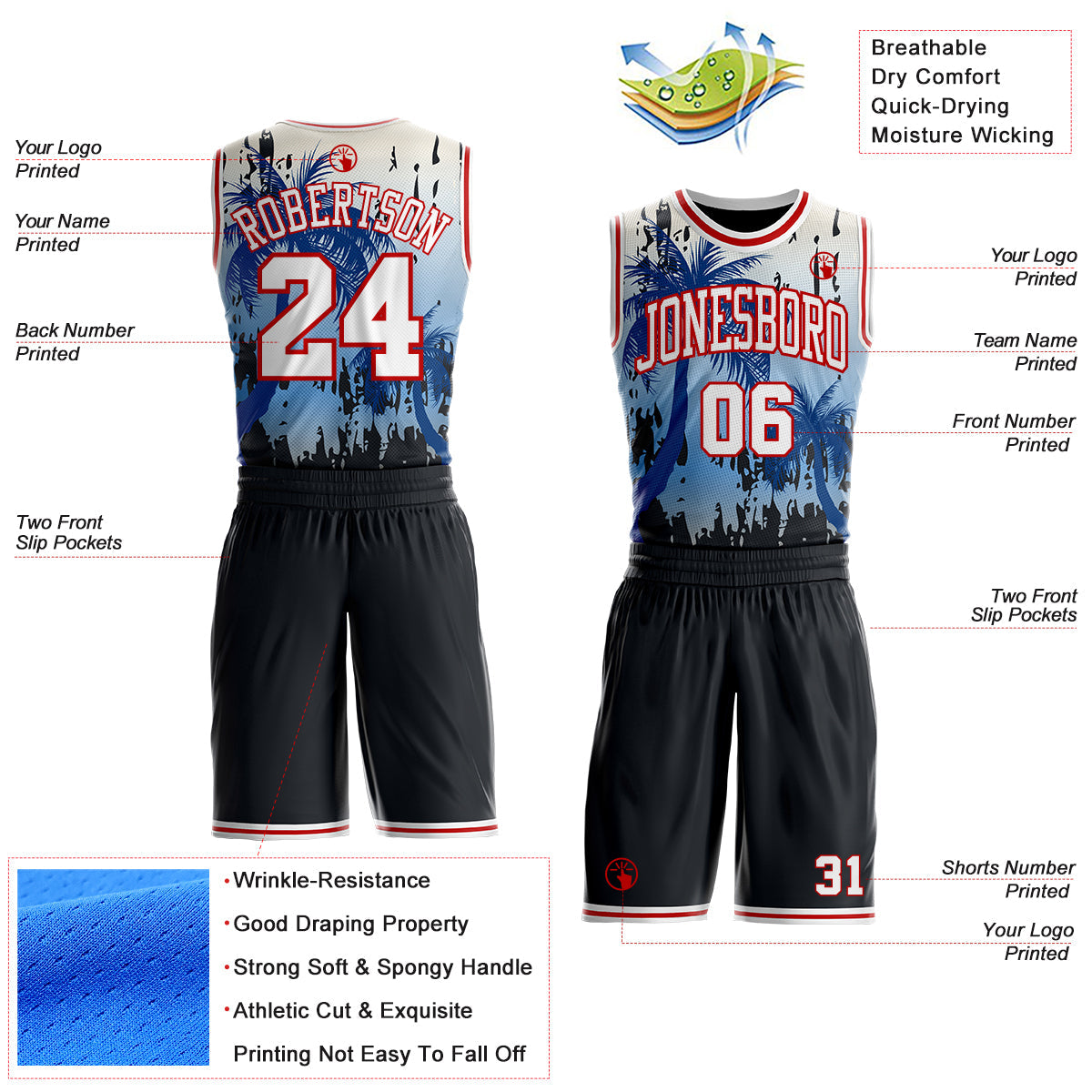 Custom Black White-Red Miami Beach Tropical Palm Tree Round Neck Sublimation Basketball Uniform Jersey view 2