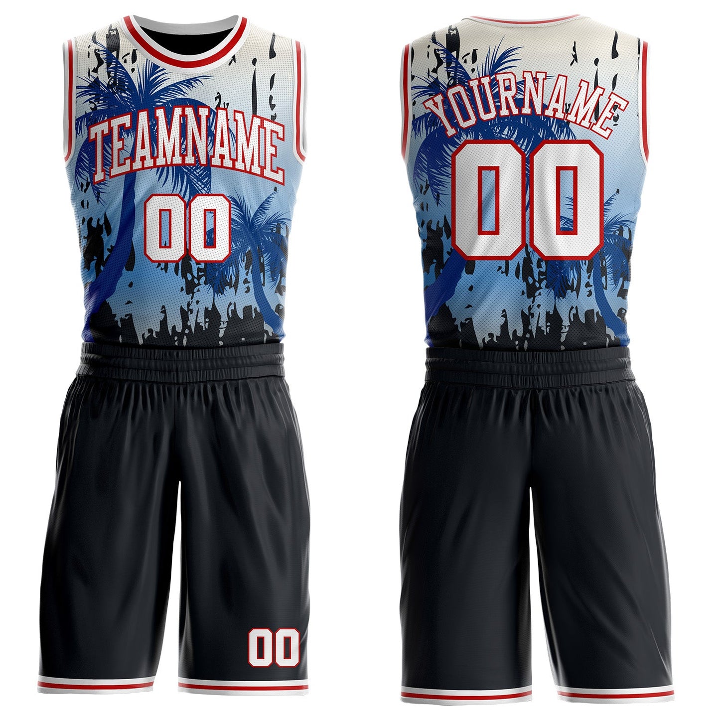Custom Black White-Red Miami Beach Tropical Palm Tree Round Neck Sublimation Basketball Uniform Jersey - Main View