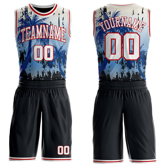 Custom Black White-Red Miami Beach Tropical Palm Tree Round Neck Sublimation Basketball Uniform Jersey - Main View