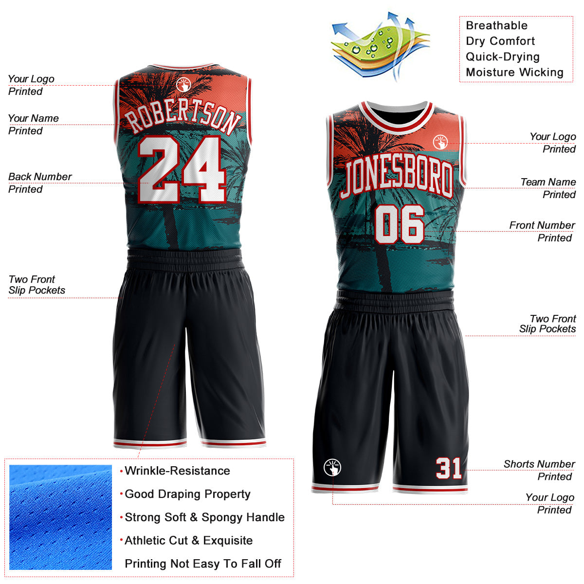 Custom Black White-Red Miami Beach Tropical Palm Tree Round Neck Sublimation Basketball Uniform Jersey view 2