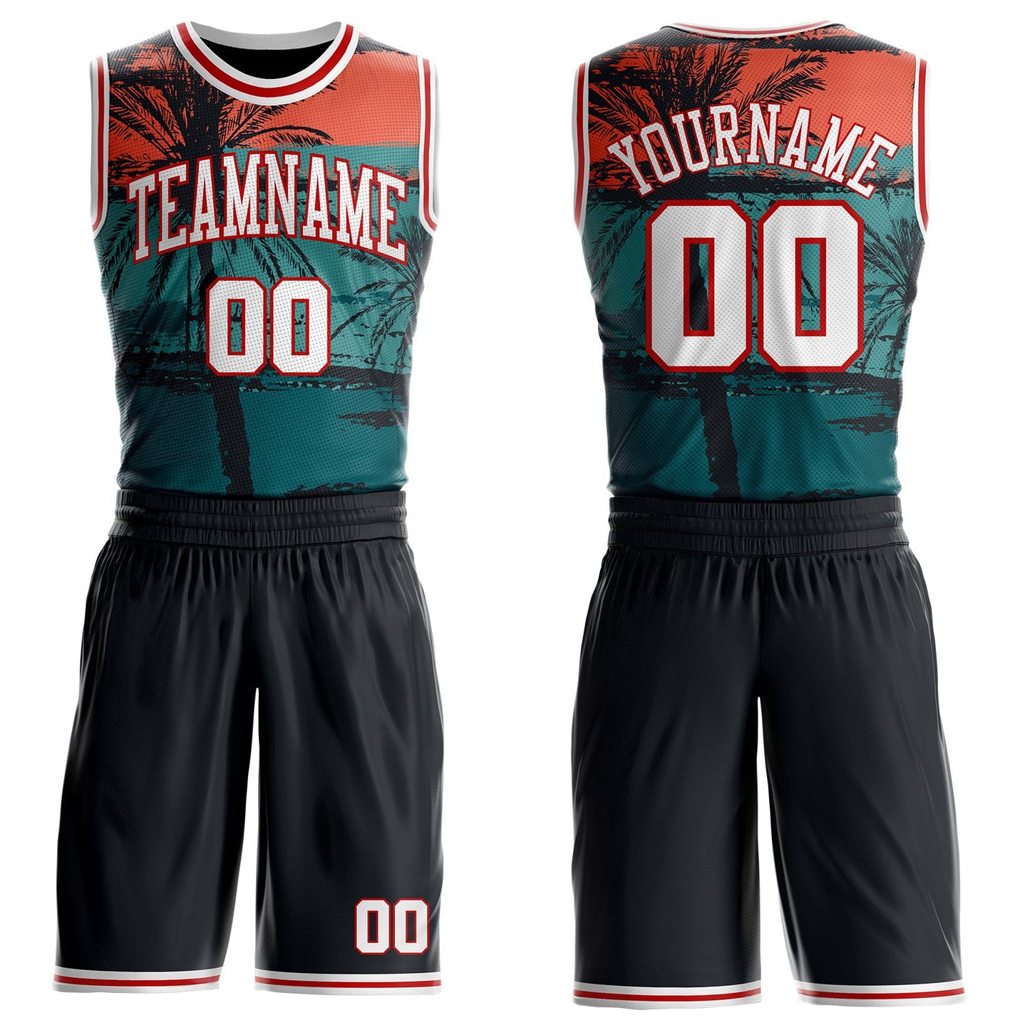 Custom Black White-Red Miami Beach Tropical Palm Tree Round Neck Sublimation Basketball Uniform Jersey - Main View