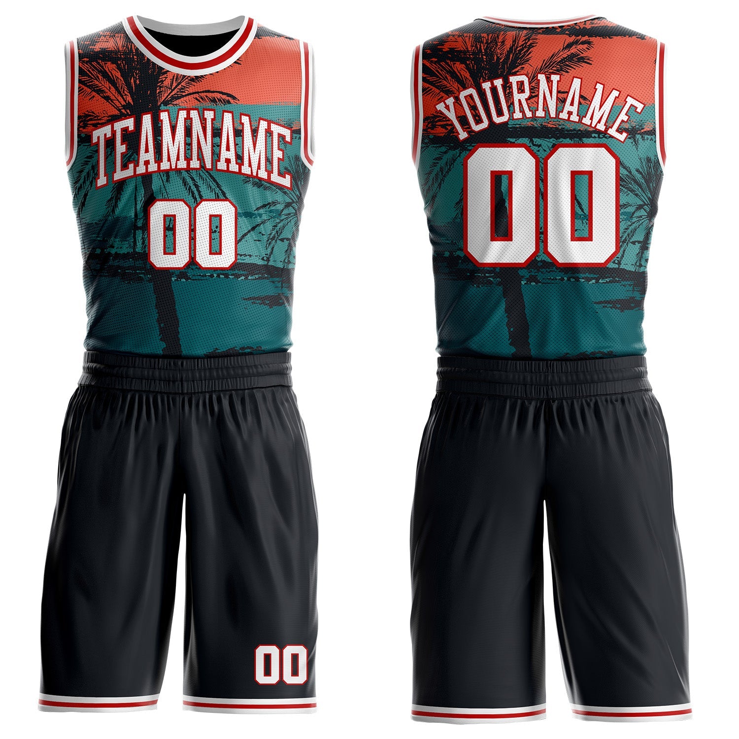 Custom Black White-Red Miami Beach Tropical Palm Tree Round Neck Sublimation Basketball Uniform Jersey - Main View
