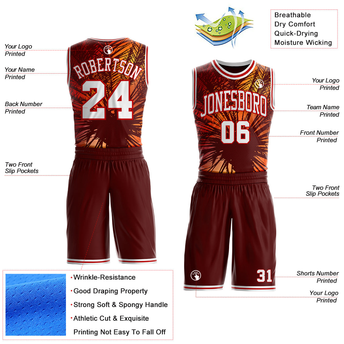 Custom Brown White-Red Miami Beach Tropical Palm Tree Round Neck Sublimation Basketball Uniform Jersey view 2