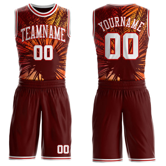 Custom Brown White-Red Miami Beach Tropical Palm Tree Round Neck Sublimation Basketball Uniform Jersey - Main View