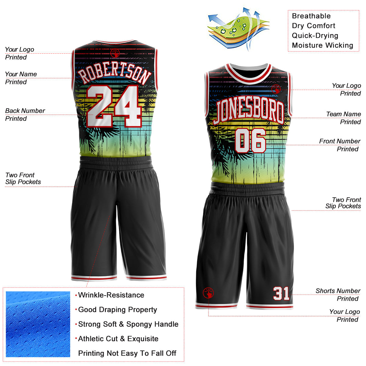 Custom Black White-Red Miami Beach Tropical Palm Tree Round Neck Sublimation Basketball Uniform Jersey view 2