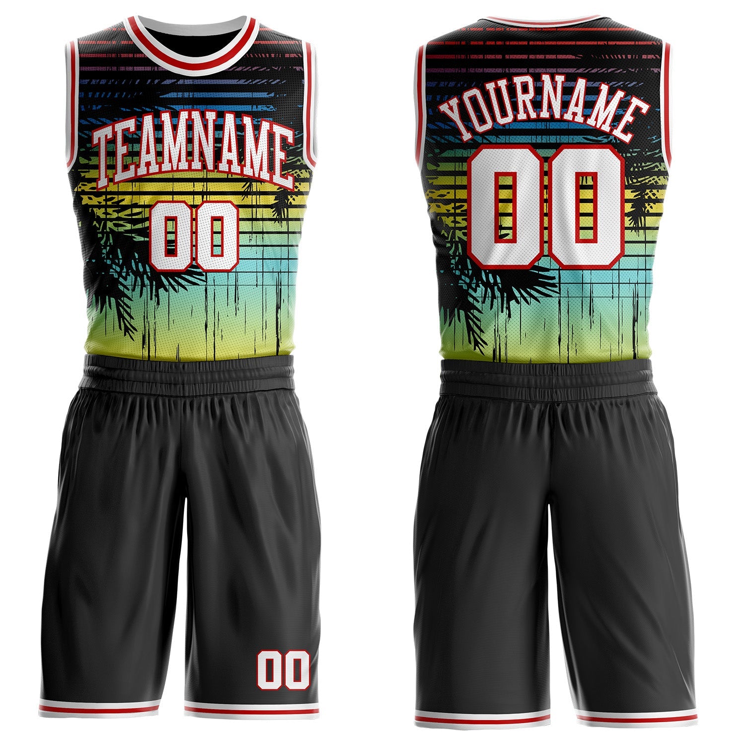Custom Black White-Red Miami Beach Tropical Palm Tree Round Neck Sublimation Basketball Uniform Jersey - Main View