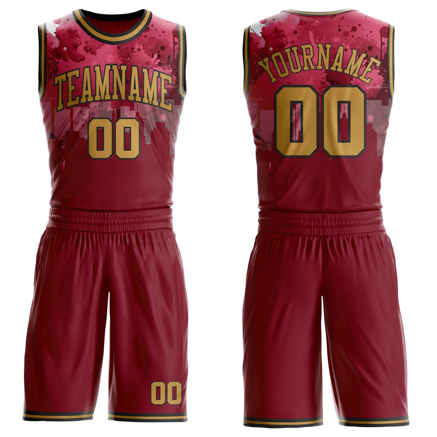 Custom Red Old Gold-Black Cleveland Silhouette Splatter Round Neck Sublimation Basketball Uniform Jersey - Main View