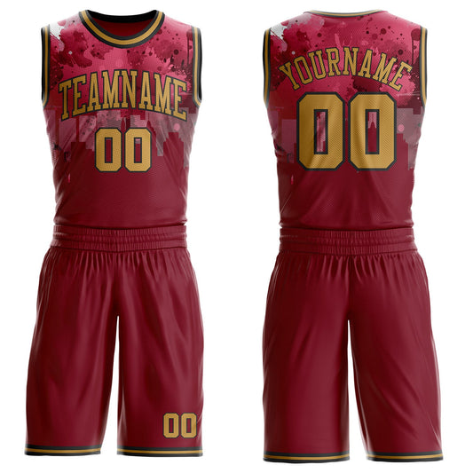 Custom Red Old Gold-Black Cleveland Silhouette Splatter Round Neck Sublimation Basketball Uniform Jersey - Main View