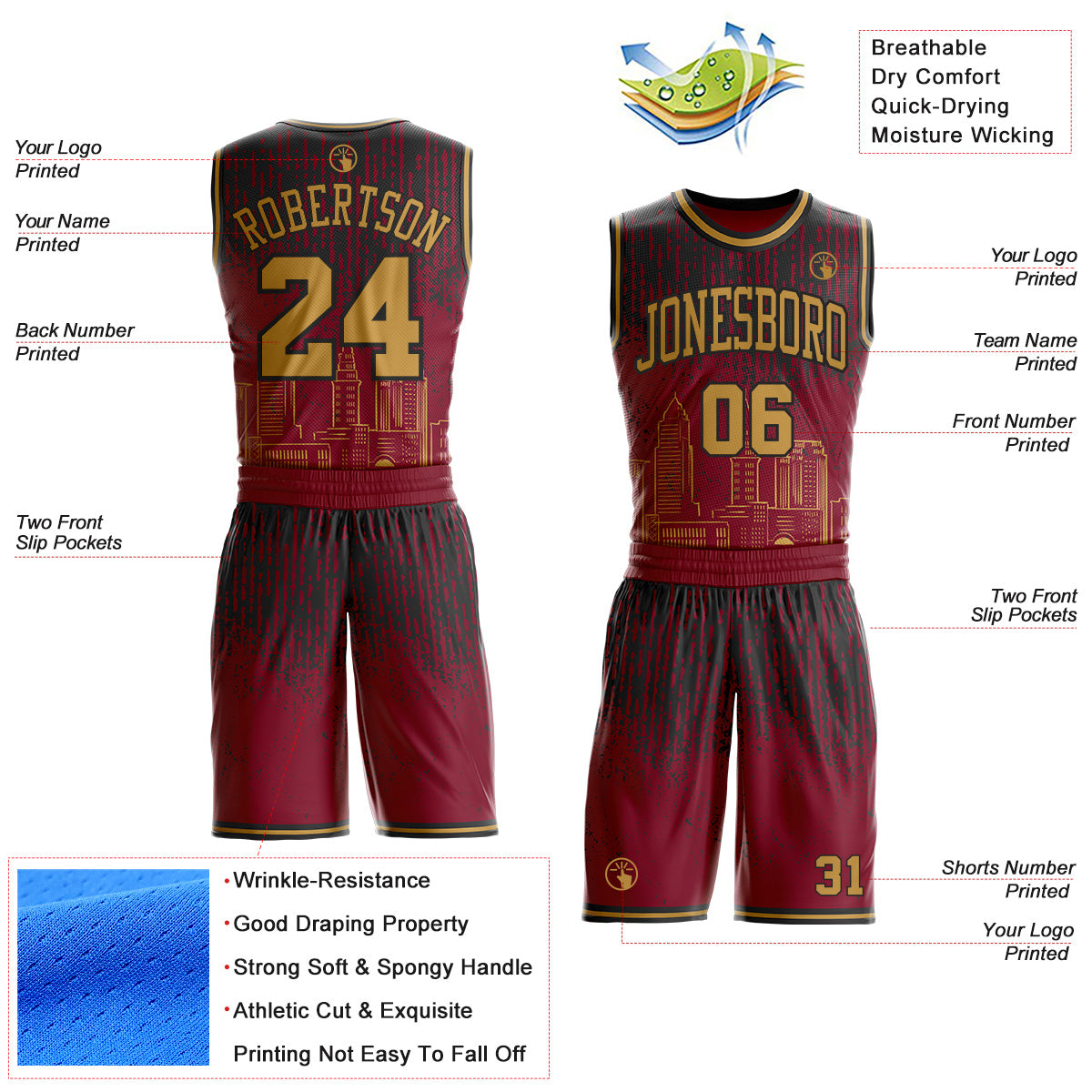 Custom Red Old Gold-Black Cleveland Silhouette Round Neck Sublimation Basketball Uniform Jersey view 2