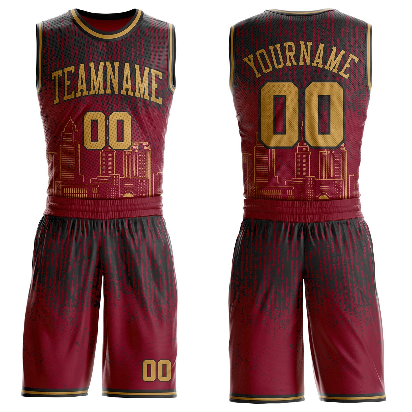 Custom Red Old Gold-Black Cleveland Silhouette Round Neck Sublimation Basketball Uniform Jersey - Main View