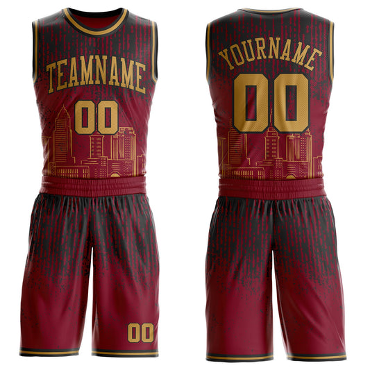 Custom Red Old Gold-Black Cleveland Silhouette Round Neck Sublimation Basketball Uniform Jersey - Main View