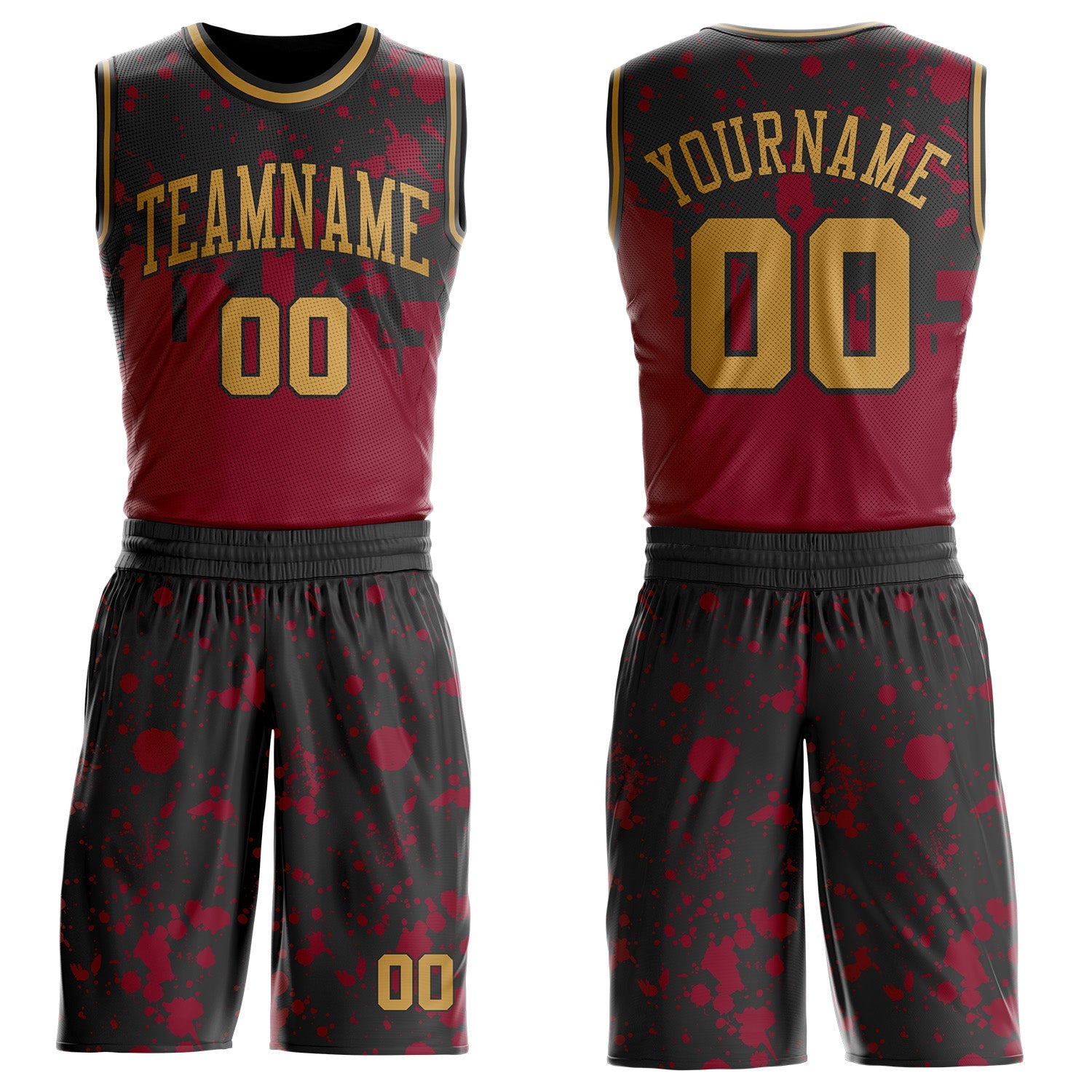 Custom Black Old Gold-Red Cleveland Silhouette Splatter Round Neck Sublimation Basketball Uniform Jersey - Main View