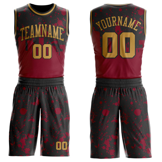 Custom Black Old Gold-Red Cleveland Silhouette Splatter Round Neck Sublimation Basketball Uniform Jersey - Main View