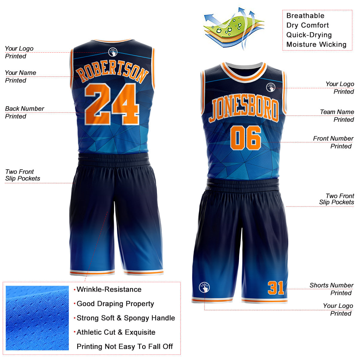 Custom Blue Bay Orange-White Diamond Shapes Geometric Gradient Round Neck Sublimation Basketball Uniform Jersey view 2