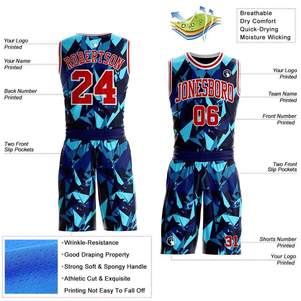 Custom Blue Red-White Diamond Shattered Geometric Round Neck Sublimation Basketball Uniform Jersey view 2