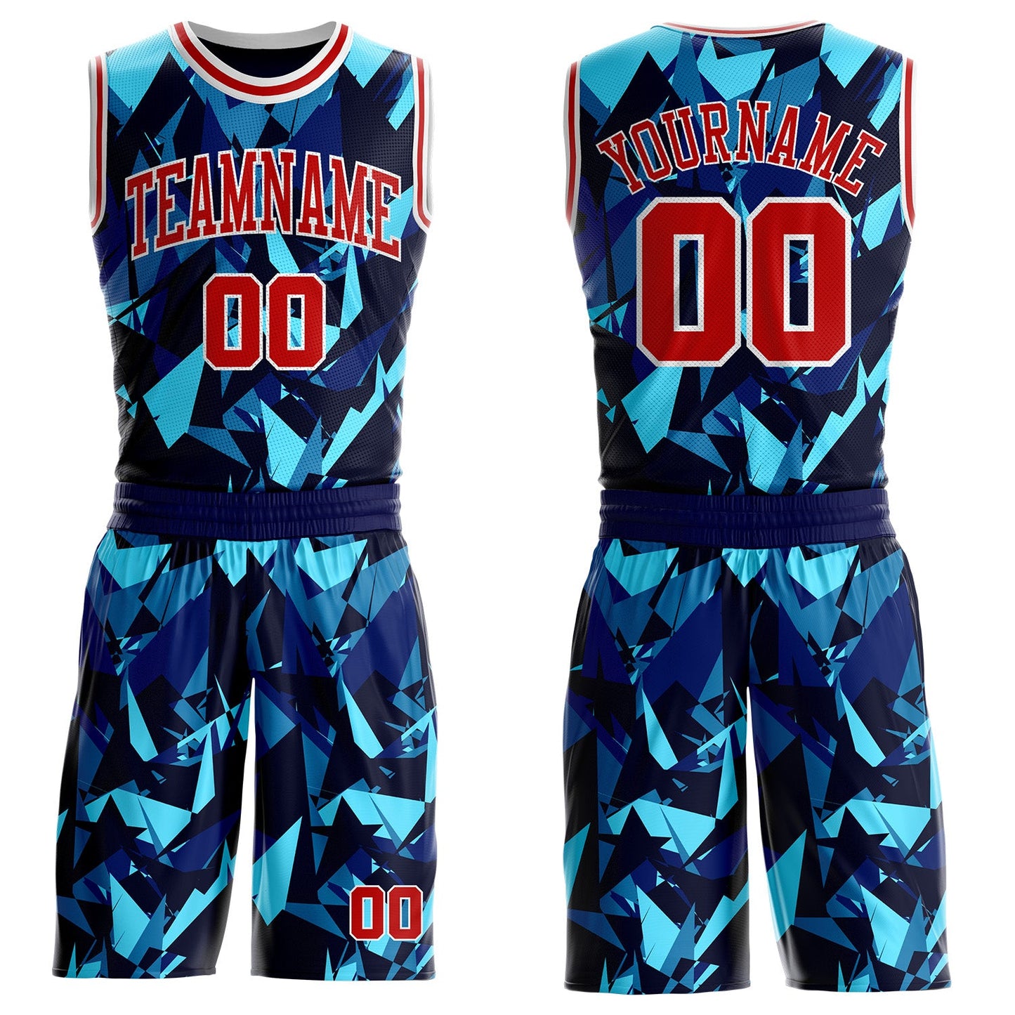 Custom Blue Red-White Diamond Shattered Geometric Round Neck Sublimation Basketball Uniform Jersey - Main View