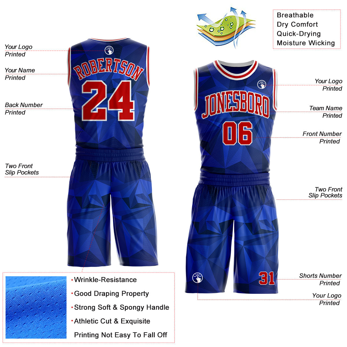 Custom Blue Red-White Diamond Shapes Geometric Round Neck Sublimation Basketball Uniform Jersey view 2