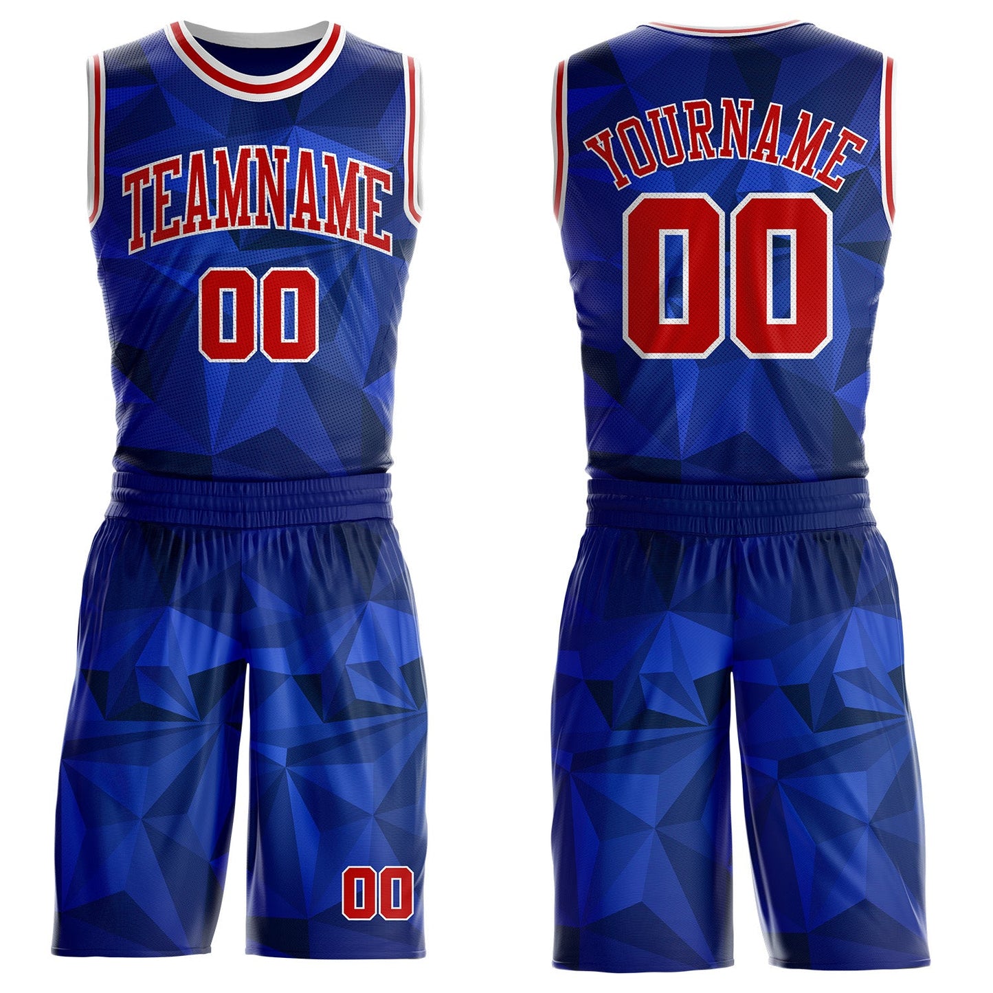 Custom Blue Red-White Diamond Shapes Geometric Round Neck Sublimation Basketball Uniform Jersey - Main View