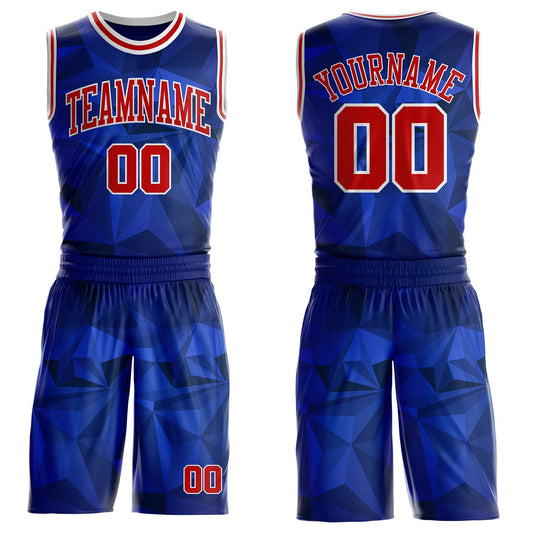 Custom Blue Red-White Diamond Shapes Geometric Round Neck Sublimation Basketball Uniform Jersey - Main View