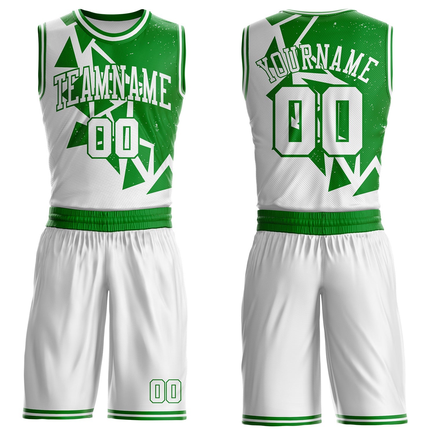 Custom White-Grass Green Triangle Shapes Geometric Round Neck Sublimation Basketball Uniform Jersey - Main View
