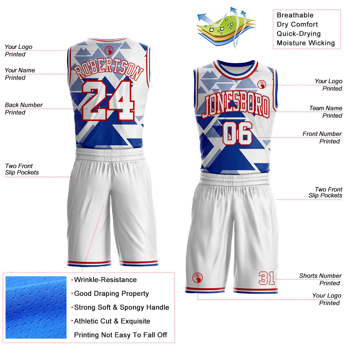 Custom White Red-Royal Triangle Shapes Geometric Round Neck Sublimation Basketball Uniform Jersey view 2
