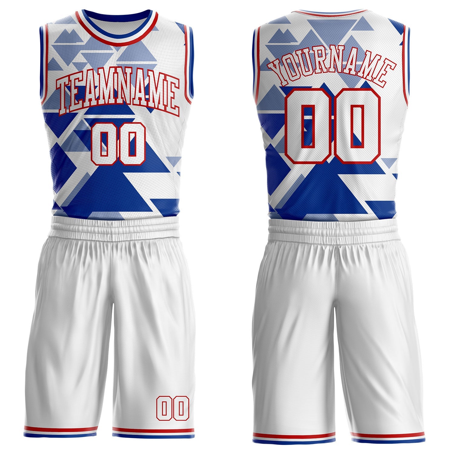Custom White Red-Royal Triangle Shapes Geometric Round Neck Sublimation Basketball Uniform Jersey - Main View