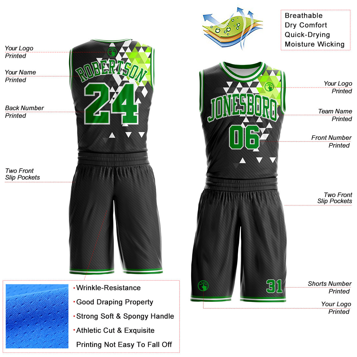 Custom Black Grass Green-White Diamond Shapes Geometric Round Neck Sublimation Basketball Uniform Jersey view 2