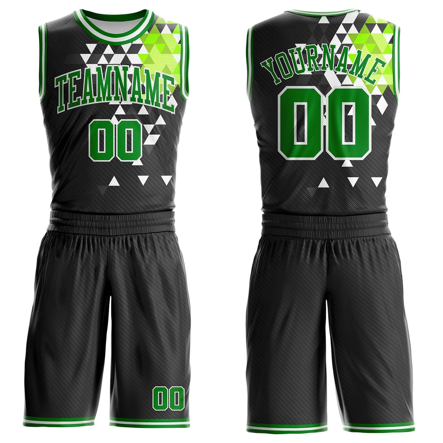 Custom Black Grass Green-White Diamond Shapes Geometric Round Neck Sublimation Basketball Uniform Jersey - Main View