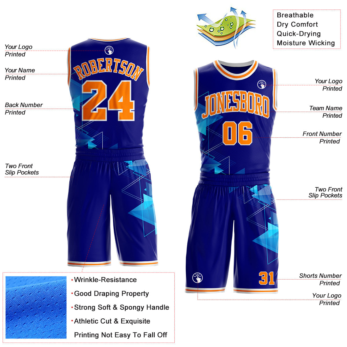 Custom Blue Bay Orange-White Geometric Tech Round Neck Sublimation Basketball Uniform Jersey view 2