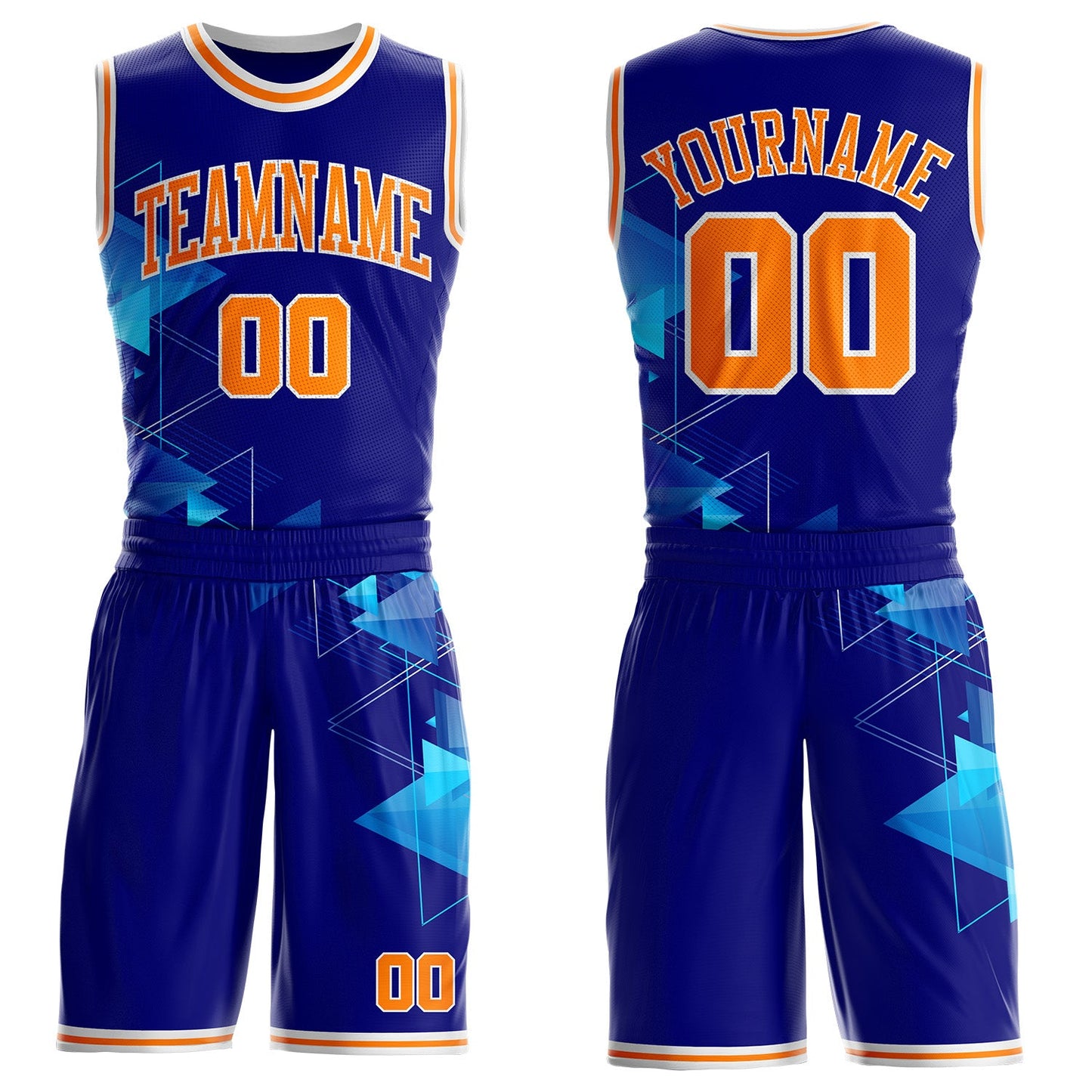 Custom Blue Bay Orange-White Geometric Tech Round Neck Sublimation Basketball Uniform Jersey - Main View