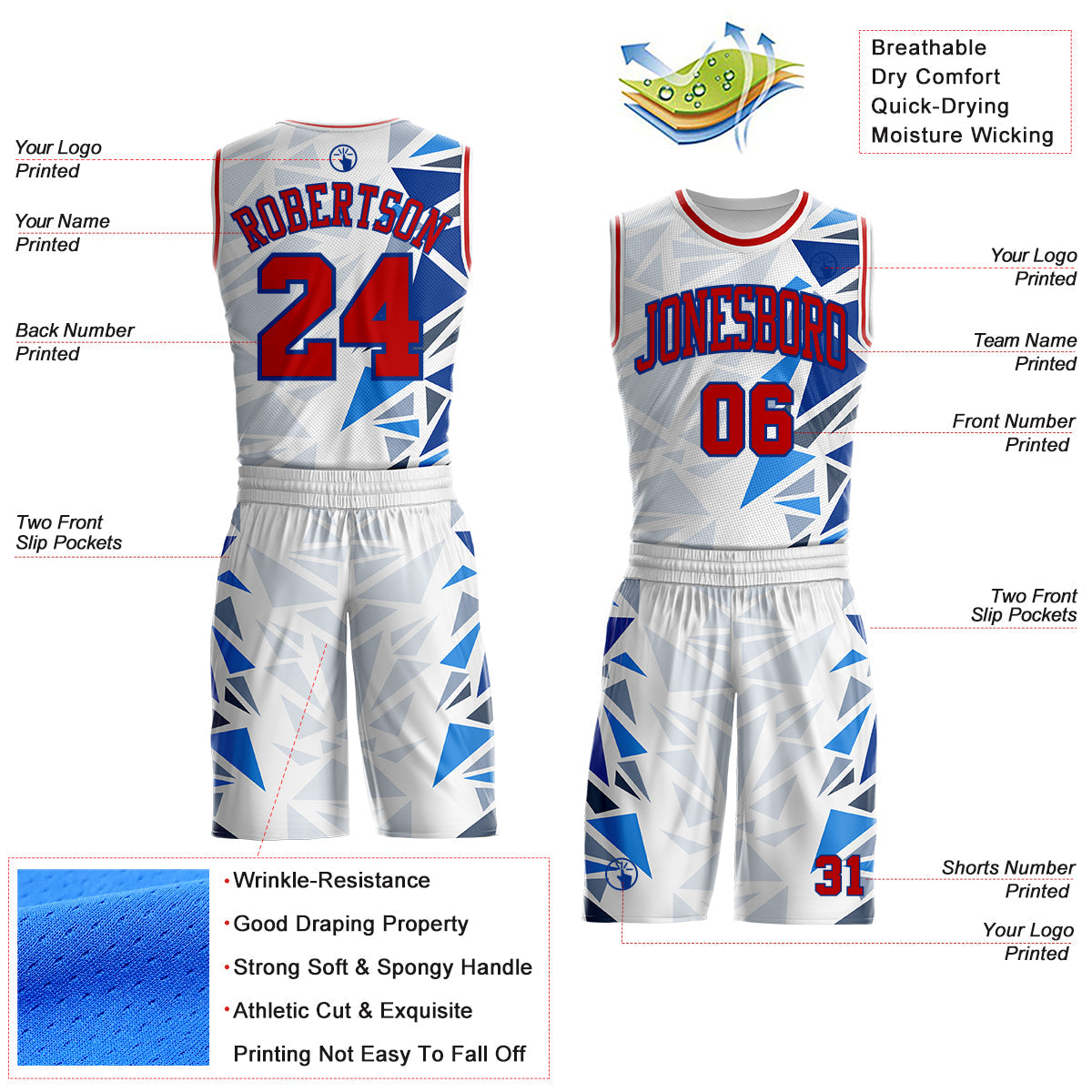 Custom White Red-Royal Triangle Shapes Gradient Round Neck Sublimation Basketball Uniform Jersey view 2