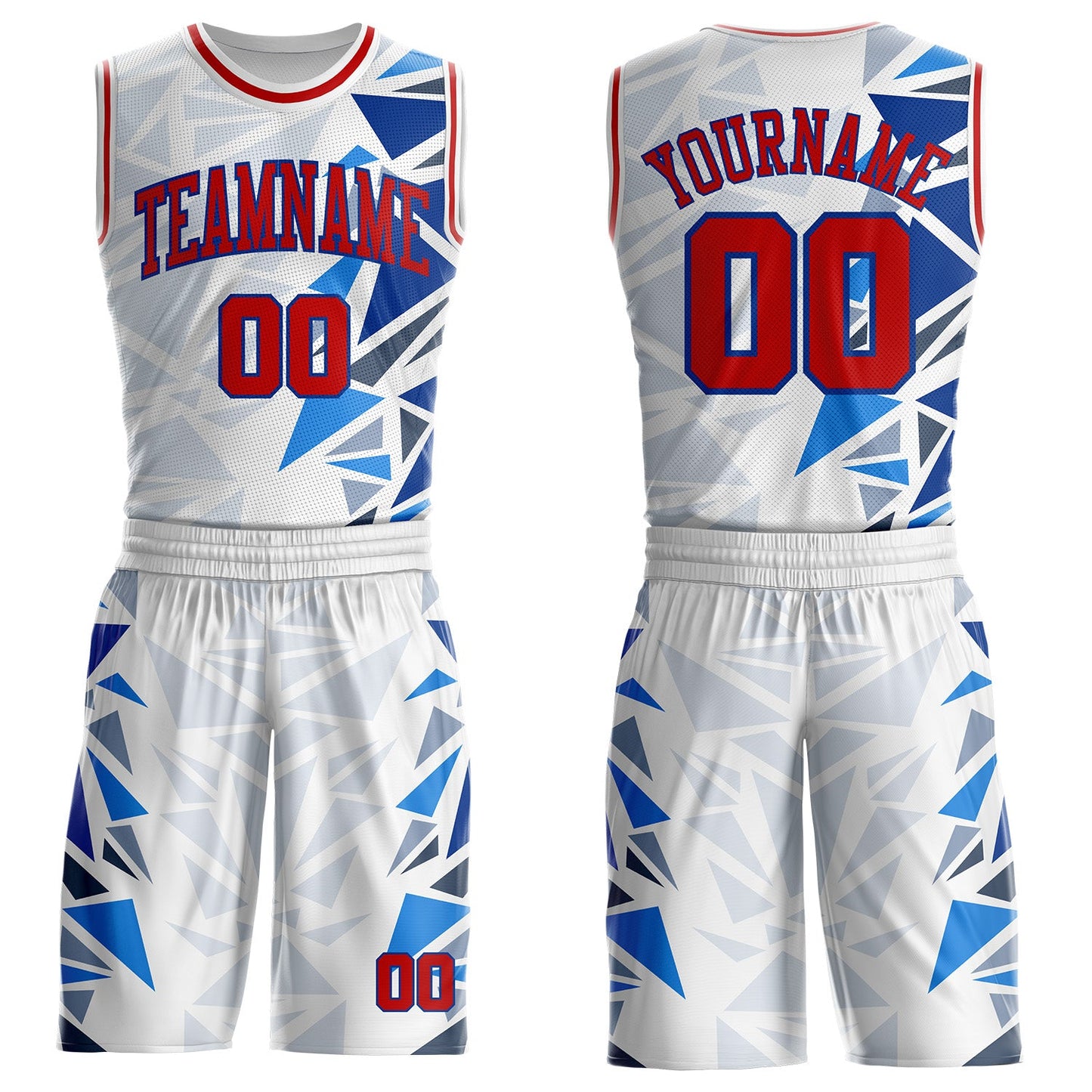 Custom White Red-Royal Triangle Shapes Gradient Round Neck Sublimation Basketball Uniform Jersey - Main View
