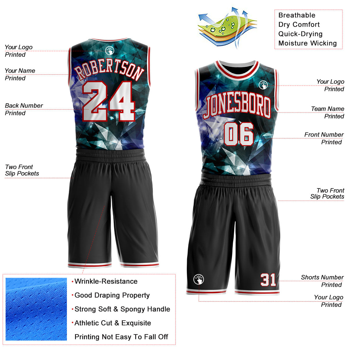 Custom Black White-Red Crystal Geometric Round Neck Sublimation Basketball Uniform Jersey view 2