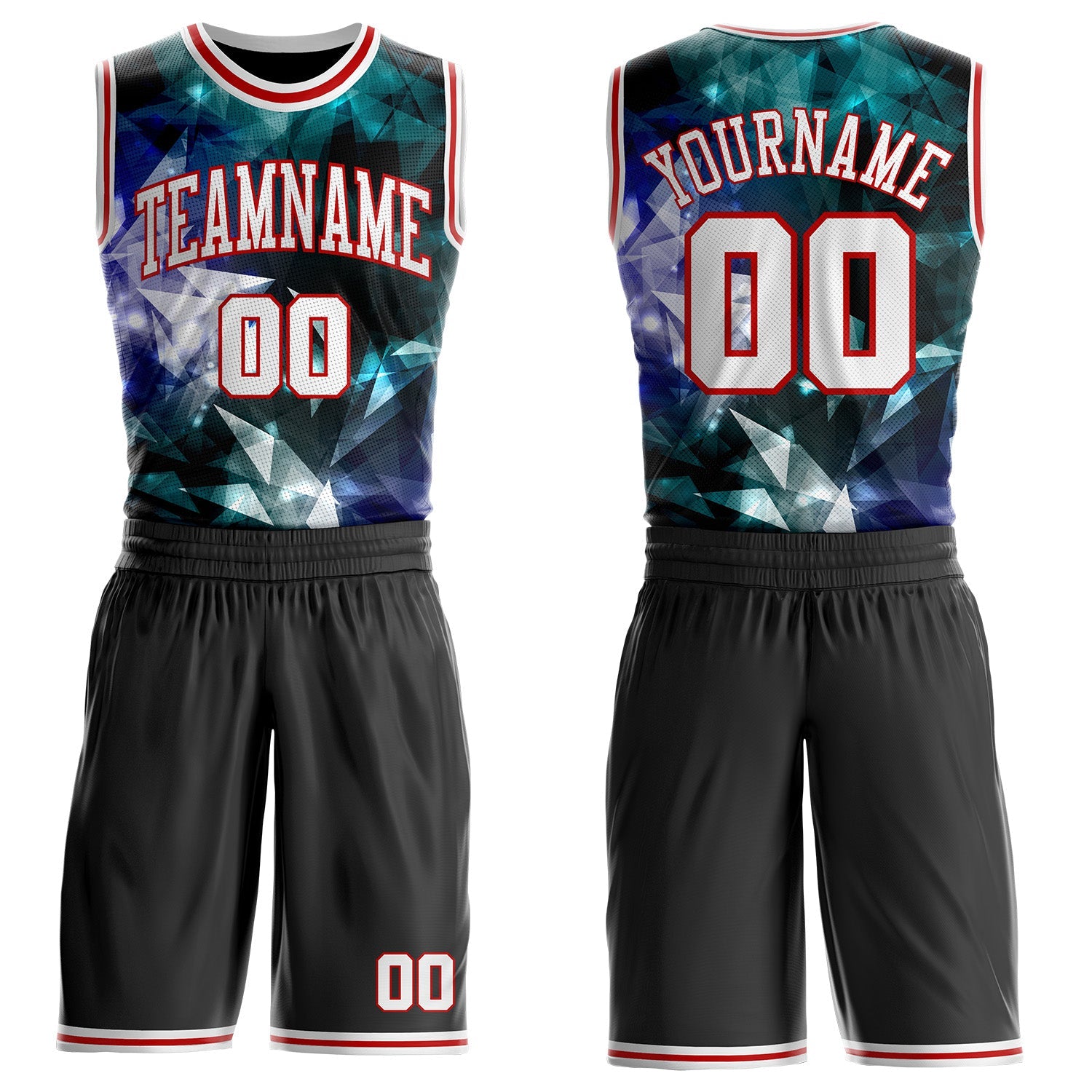 Custom Black White-Red Crystal Geometric Round Neck Sublimation Basketball Uniform Jersey - Main View