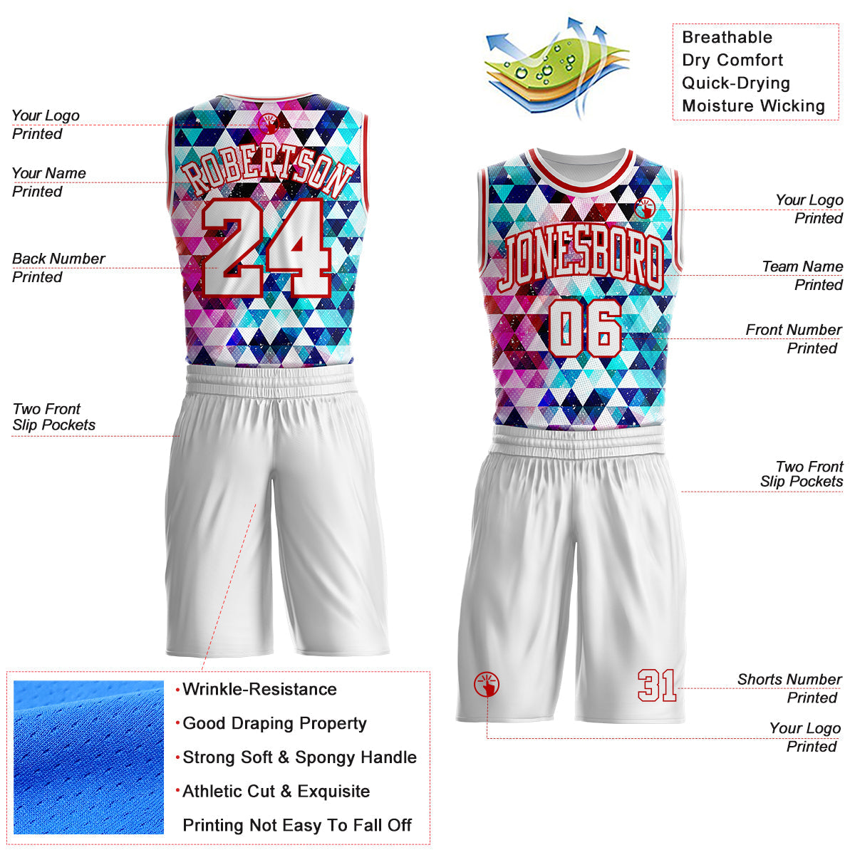 Custom White-Red Diamond Shapes Geometric Round Neck Sublimation Basketball Uniform Jersey view 2
