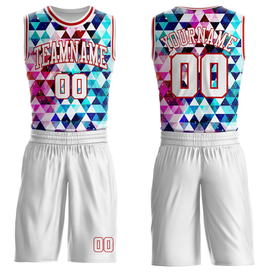Custom White-Red Diamond Shapes Geometric Round Neck Sublimation Basketball Uniform Jersey - Main View