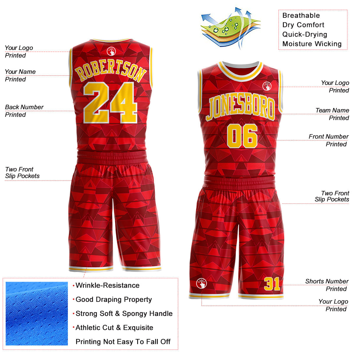 Custom Red Yellow-White Diamond Shapes Geometric Round Neck Sublimation Basketball Uniform Jersey view 2
