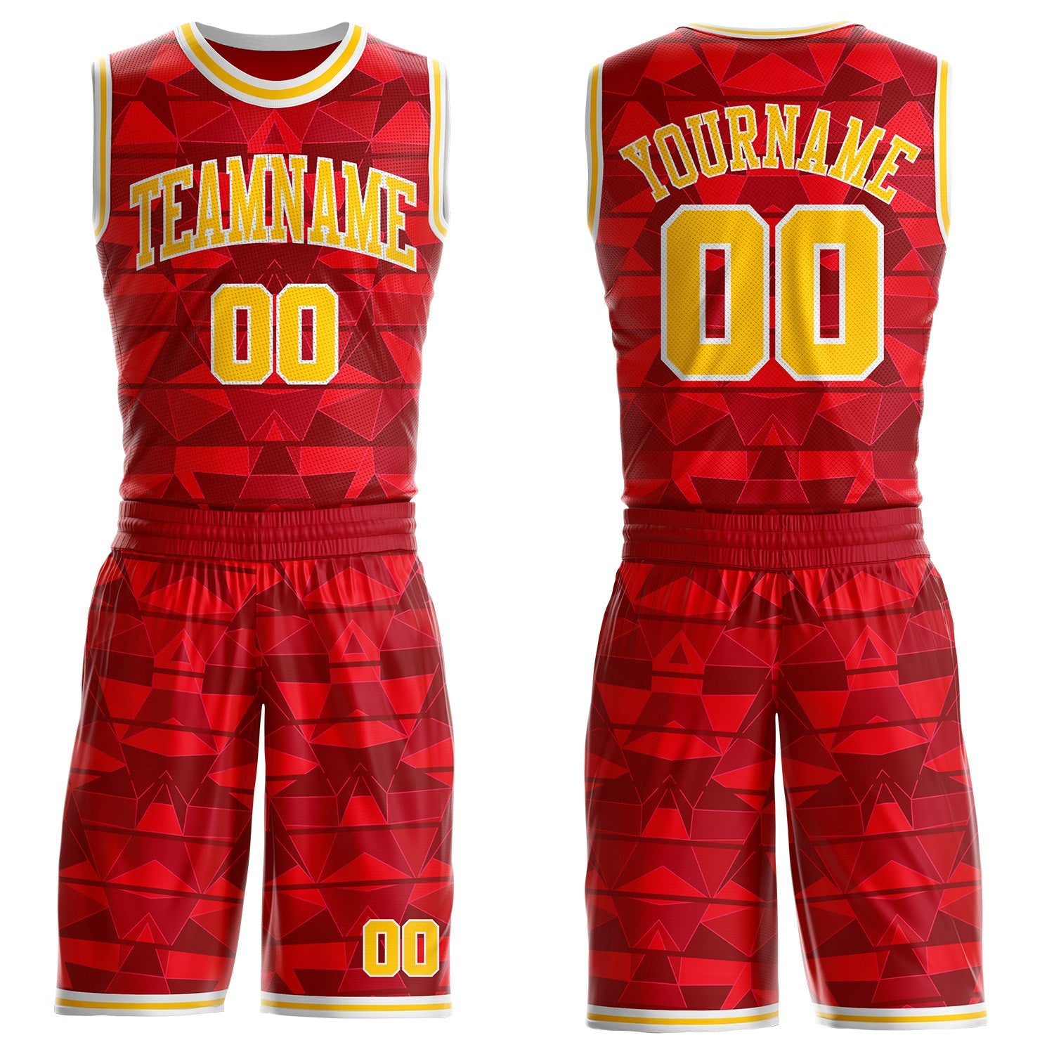 Custom Red Yellow-White Diamond Shapes Geometric Round Neck Sublimation Basketball Uniform Jersey - Main View