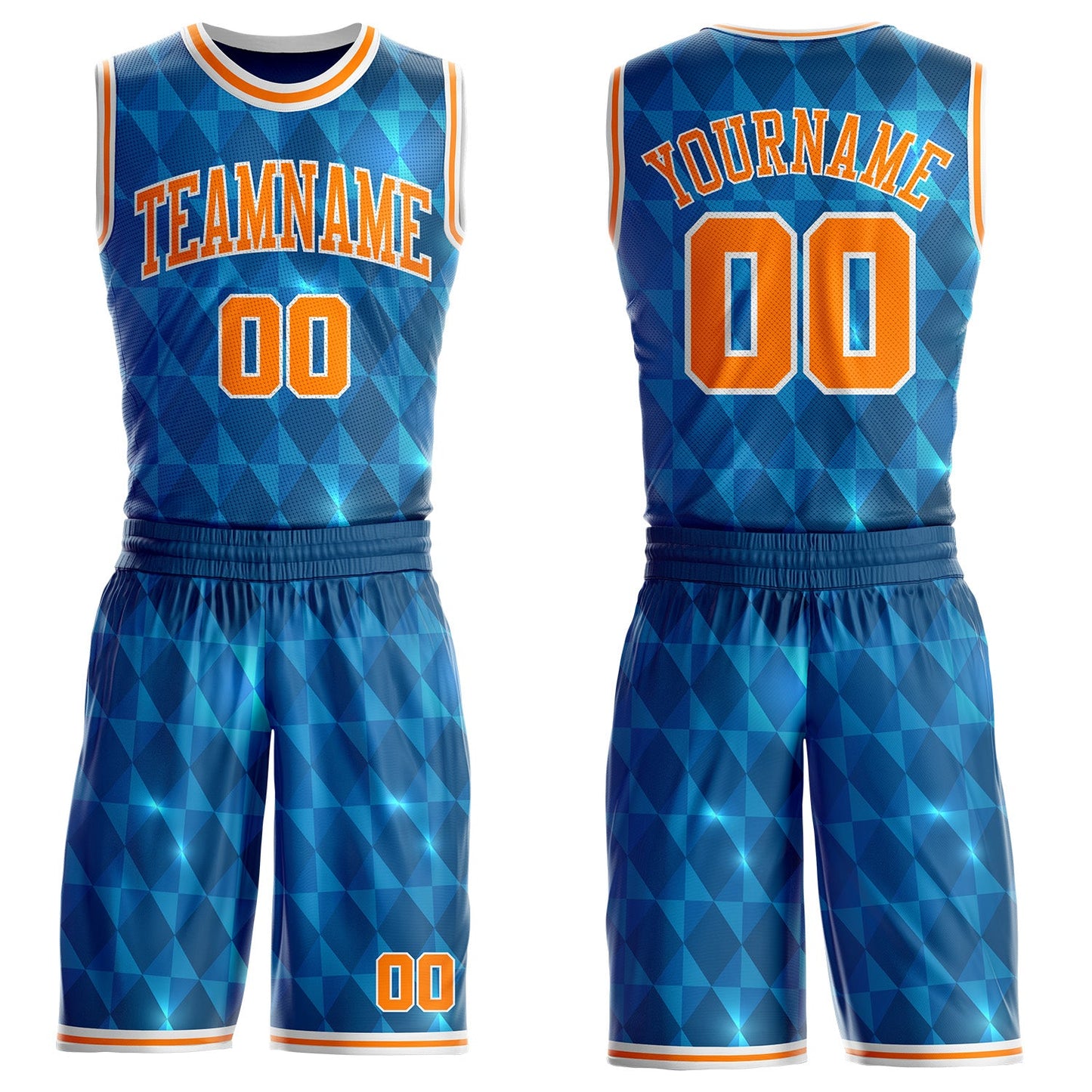 Custom Blue Bay Orange-White Diamond Shapes Geometric Round Neck Sublimation Basketball Uniform Jersey - Main View