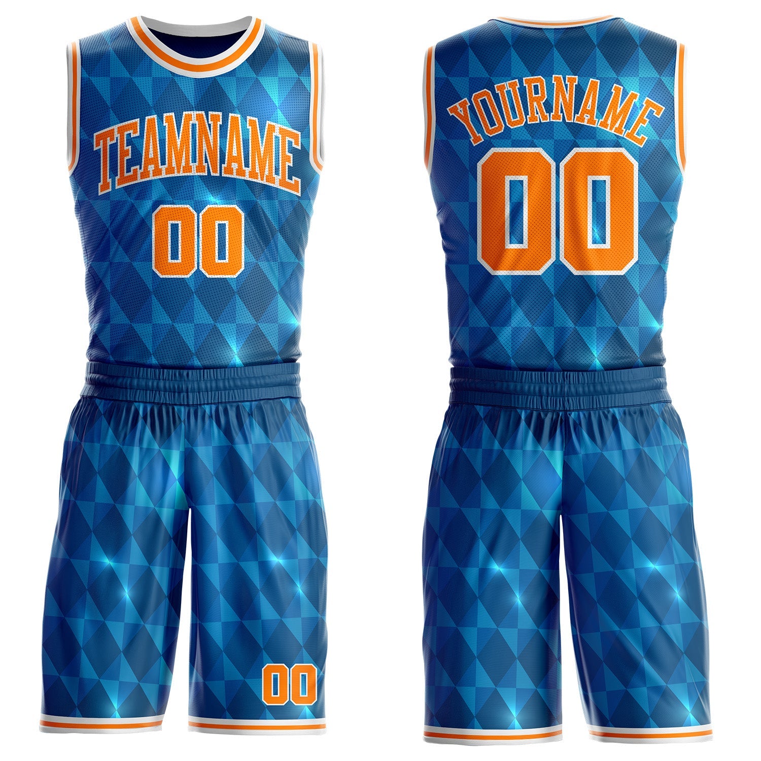 Custom Blue Bay Orange-White Diamond Shapes Geometric Round Neck Sublimation Basketball Uniform Jersey - Main View