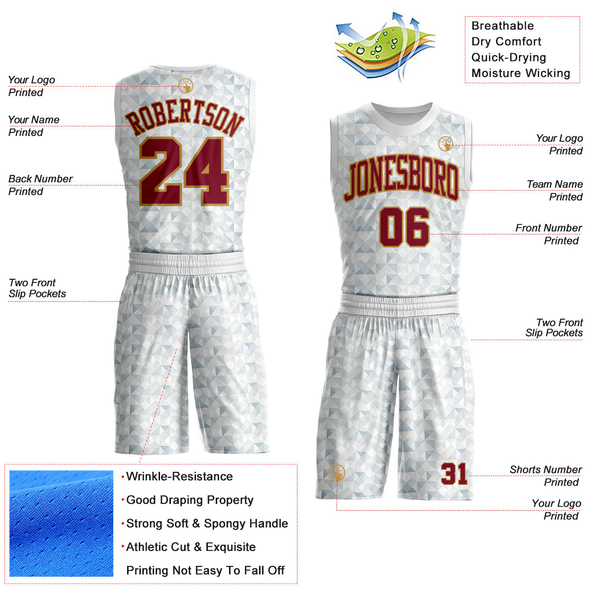 Custom White Crimson-Old Gold Diamond Shapes Geometric Round Neck Sublimation Basketball Uniform Jersey view 2