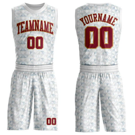 Custom White Crimson-Old Gold Diamond Shapes Geometric Round Neck Sublimation Basketball Uniform Jersey - Main View