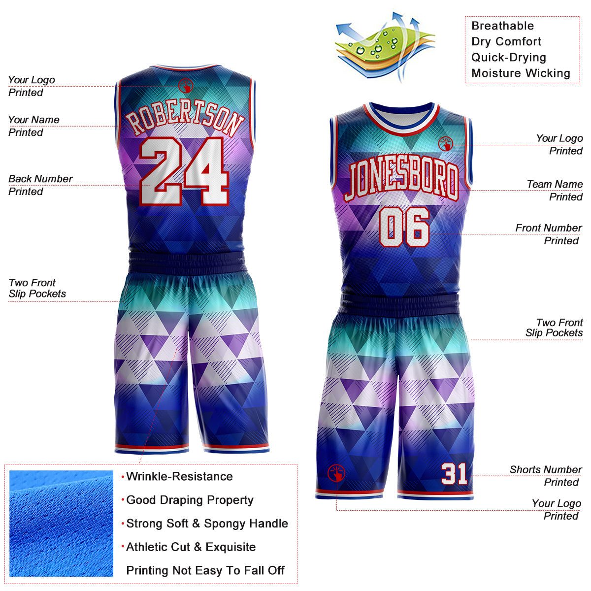 Custom Purple White Red-Royal Diamond Shapes Geometric Gradient Round Neck Sublimation Basketball Uniform Jersey view 2