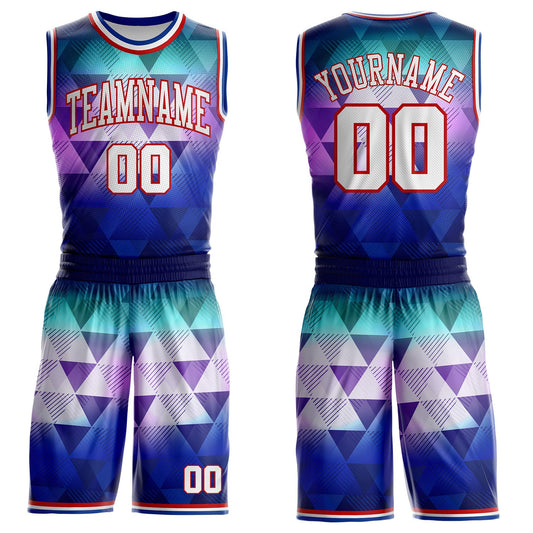 Custom Purple White Red-Royal Diamond Shapes Geometric Gradient Round Neck Sublimation Basketball Uniform Jersey - Main View