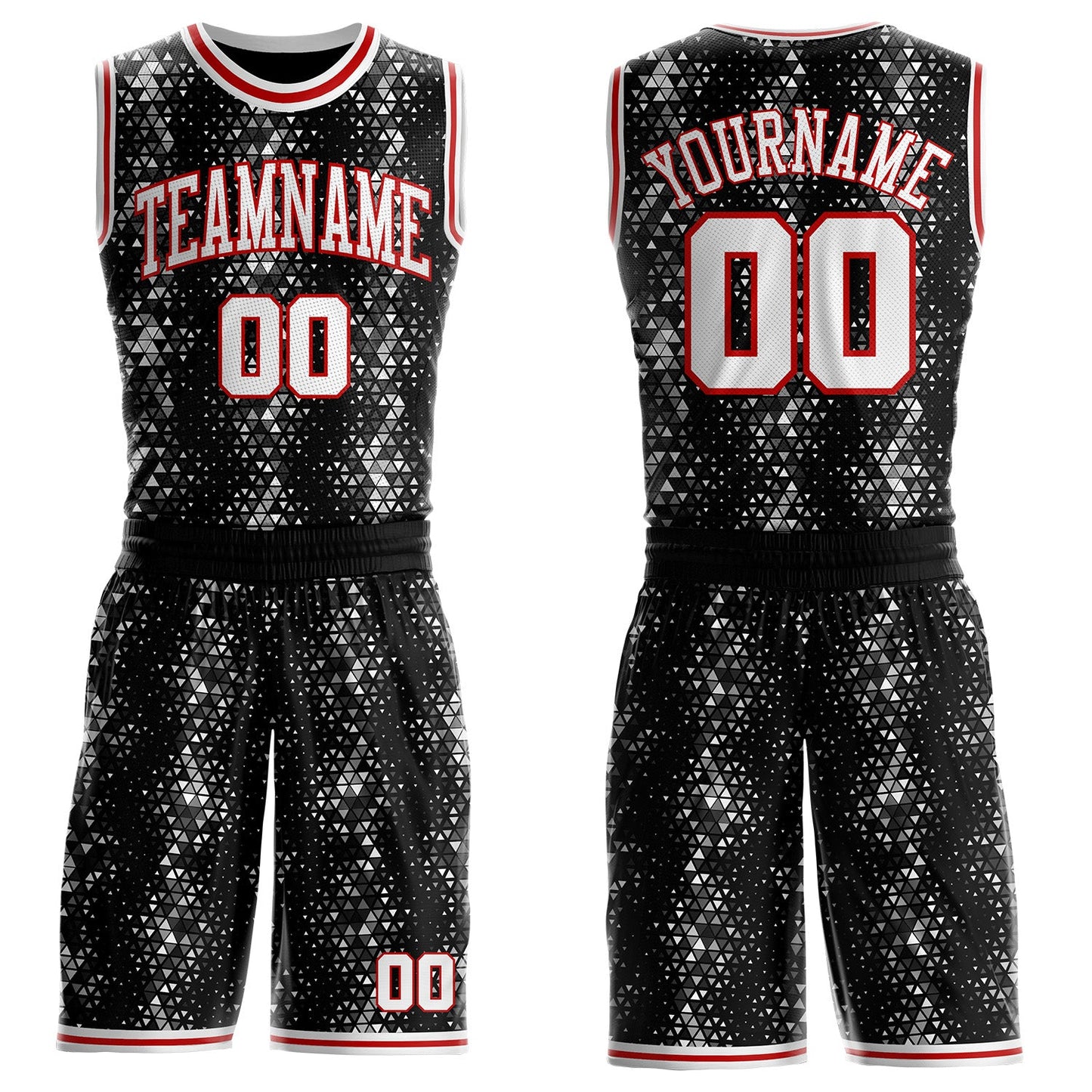 Custom Black White-Red Diamond Shapes Geometric Round Neck Sublimation Basketball Uniform Jersey - Main View