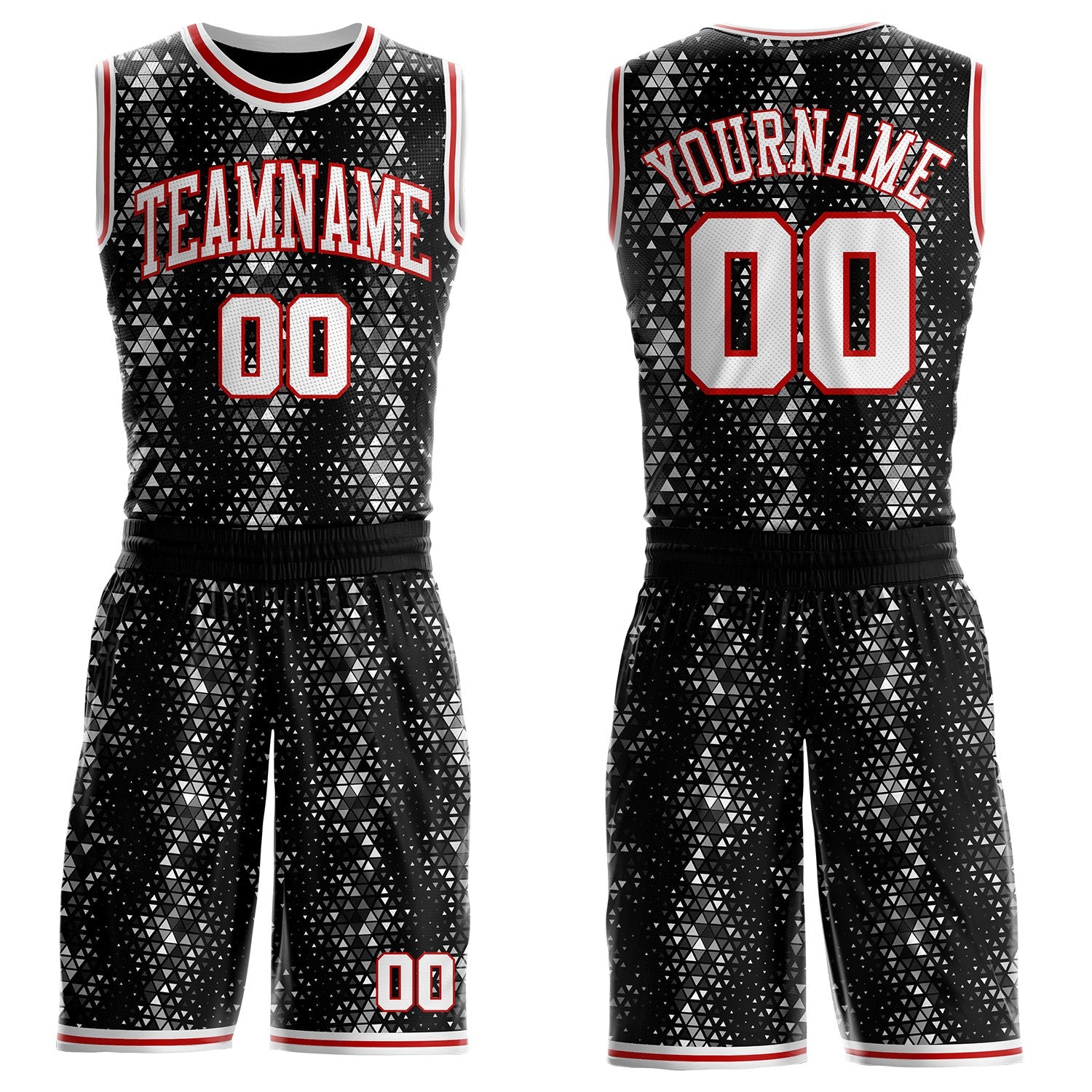 Custom Black White-Red Diamond Shapes Geometric Round Neck Sublimation Basketball Uniform Jersey - Main View