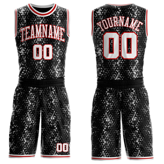 Custom Black White-Red Diamond Shapes Geometric Round Neck Sublimation Basketball Uniform Jersey - Main View